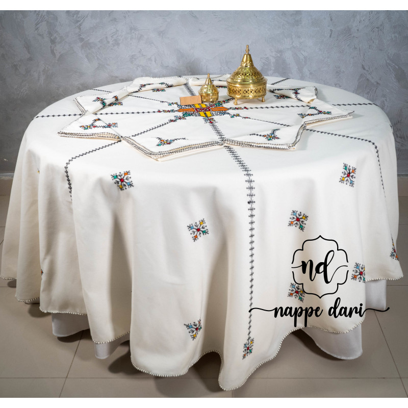 Nappe de table TARZ FASSI, couleur blanche motif noir / multi-couleur - Ronde 200 cm