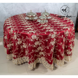 Nappe de table tulle double couches, couleur Bordeaux motif fleurs en SKALI dorées - Ronde 180 cm
