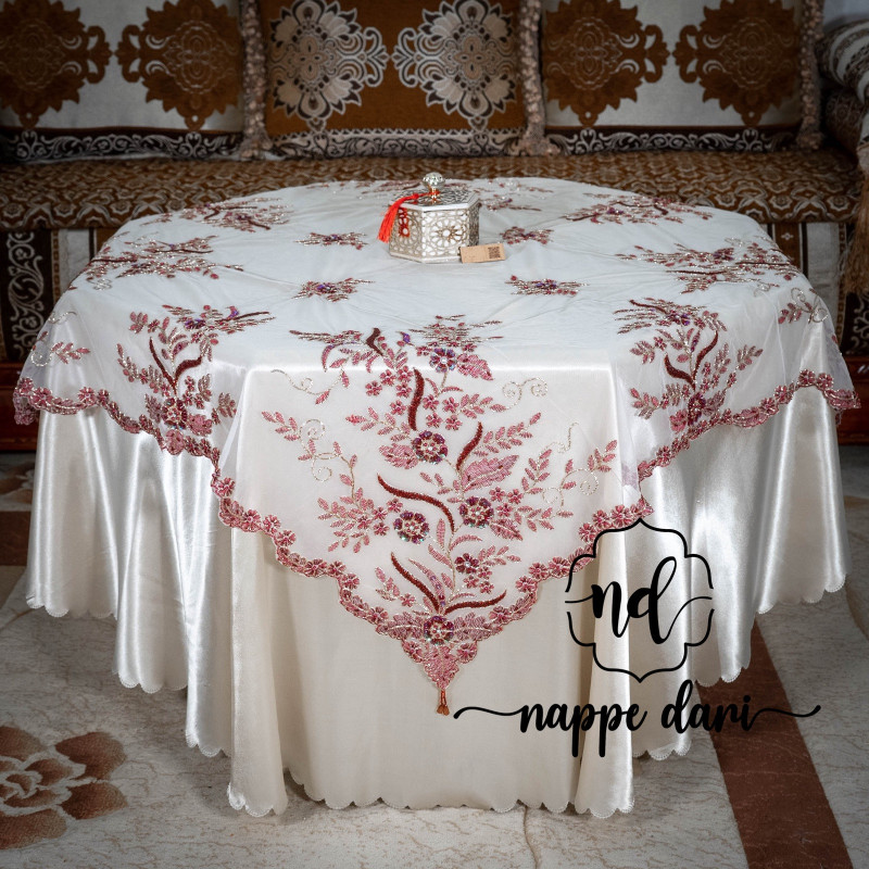 Nappe de table en PERLES, blanc avec motif fleurs grenat - ronde & carrée 130x130 cm, sous-nappe ronde 220 cm