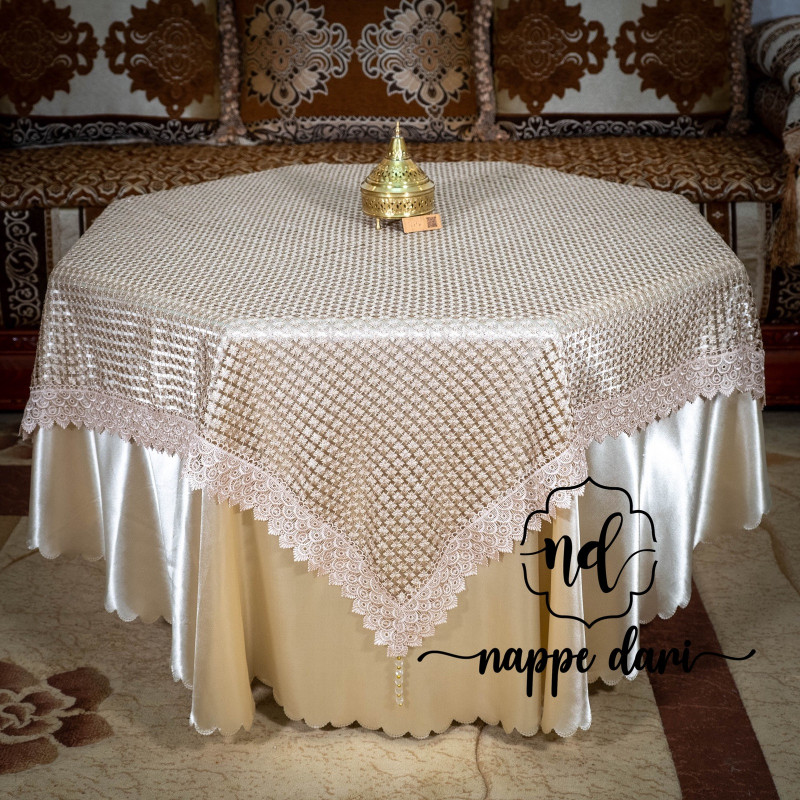 Nappe de table FARACHA, beige motif filet papillon - ronde et carrée 120x120 cm, sous-nappe ronde 220 cm