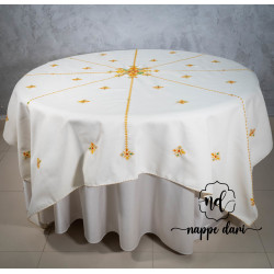 Nappe de table TARZ FASSI, couleur blanche motif moutarde / multi-couleur - Ronde 200 cm